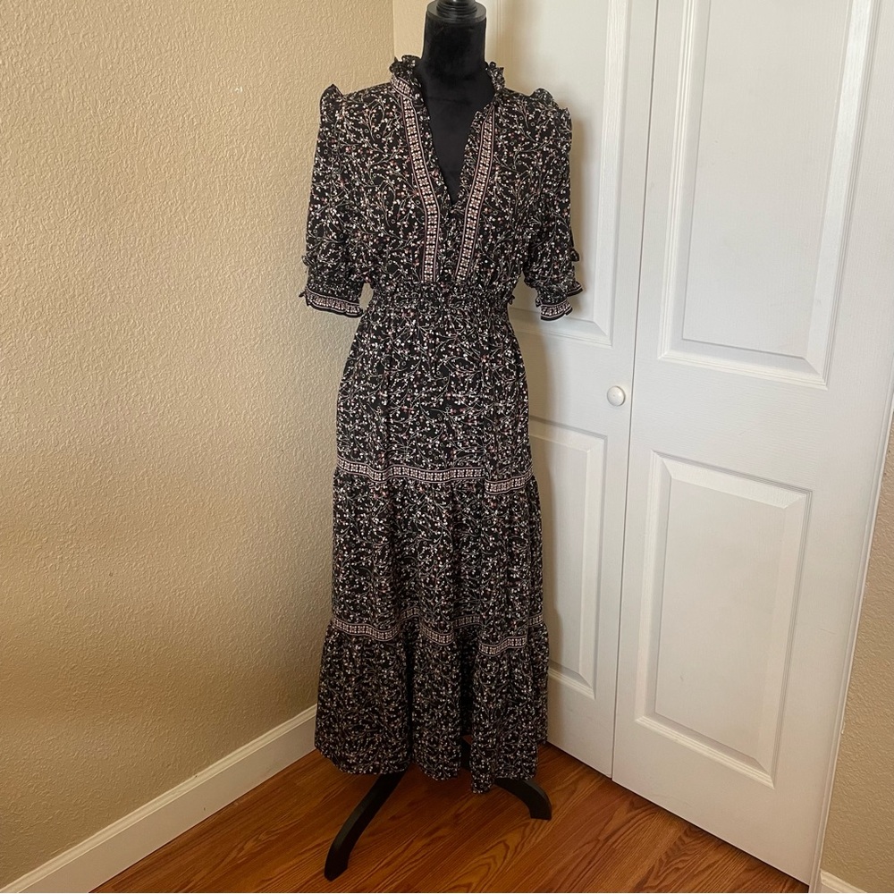 Women’s large black floral maxi dress with smocked waist